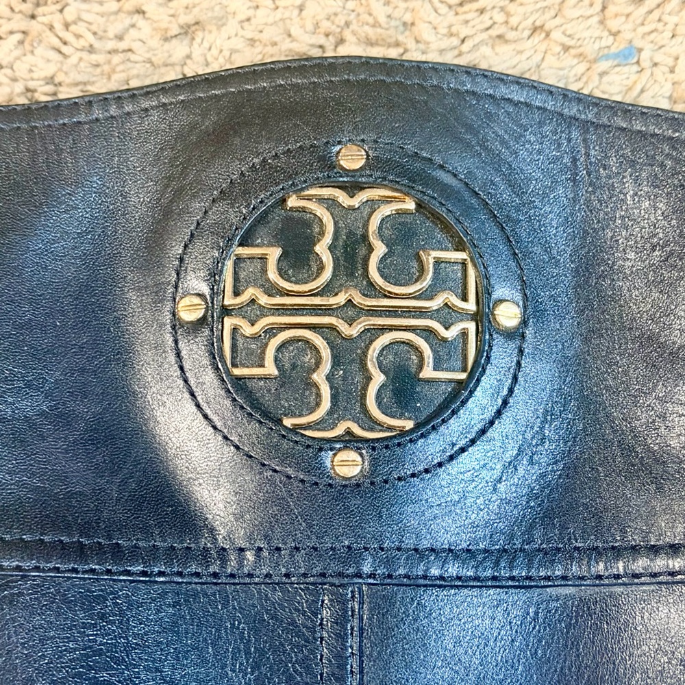 Tory Burch Kiernan Riding Boots Black Leather Knee High Gold Logo 10M - Picture 4 of 10